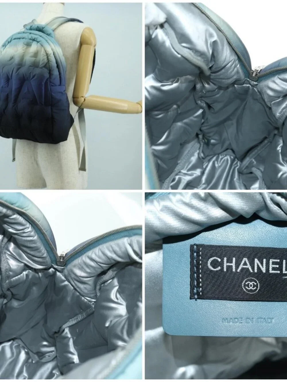 CHANEL Doudone Backpack Nylon Blue Silver CC Auth mr2366SAM